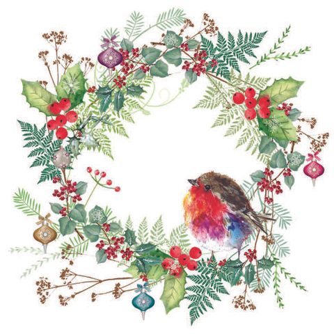 Ambiente - Paper Napkins Christmas - Pack of 20 - Luncheon Size - Robin's Wreath - White
