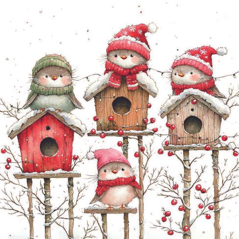 Ambiente - Paper Napkins Christmas - Pack of 20 - Luncheon Size - Birdhouse Quartet - White