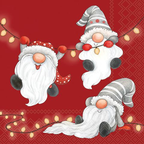 Ambiente - Paper Napkins Christmas - Pack of 20 - Luncheon Size - Gnomes On The Light Chain - Red