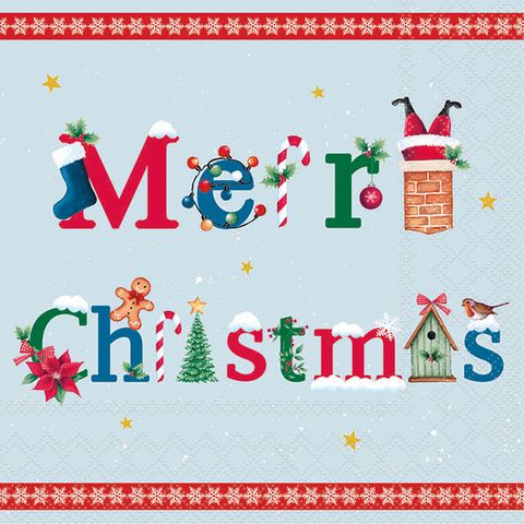 Ambiente - Paper Napkins Christmas - Pack of 20 - Luncheon Size - Merry Message - Blue