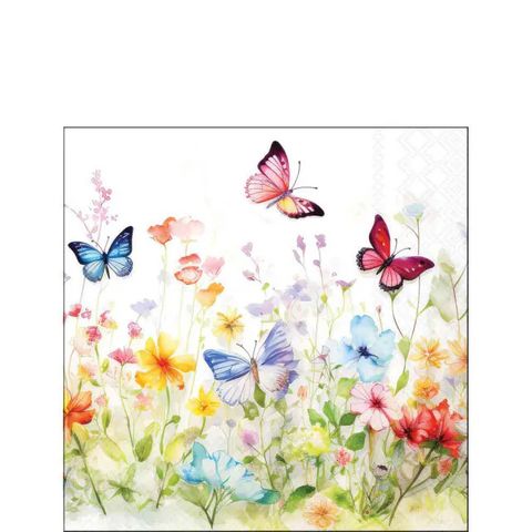 Ambiente - Paper Napkins - Pack of 20 - Cocktail Size - Butterflies in Field - White