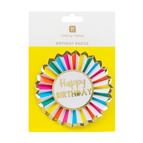 Talking Tables - Happy Birthday Badge - Rainbow Paper With Gold Foil Detail