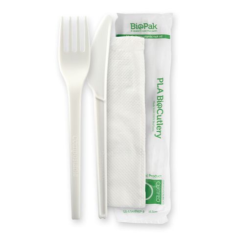 BioPak Knife, Fork & Napkin Pack PLA