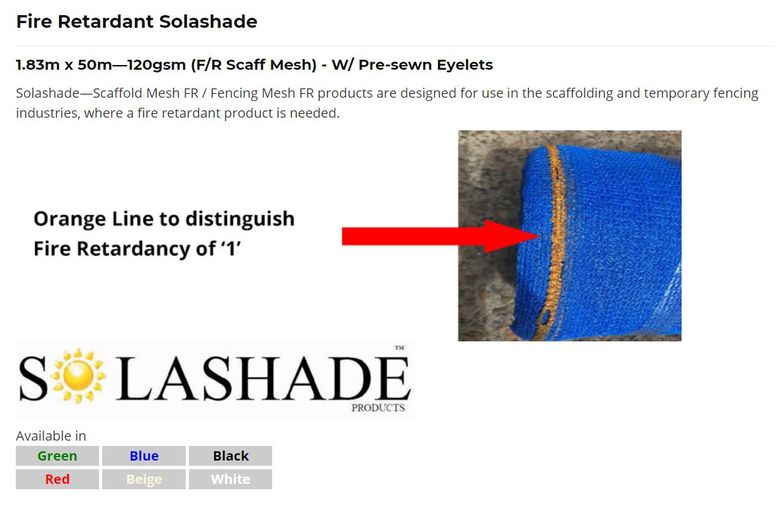 Fire retardant solashade available in range of colours