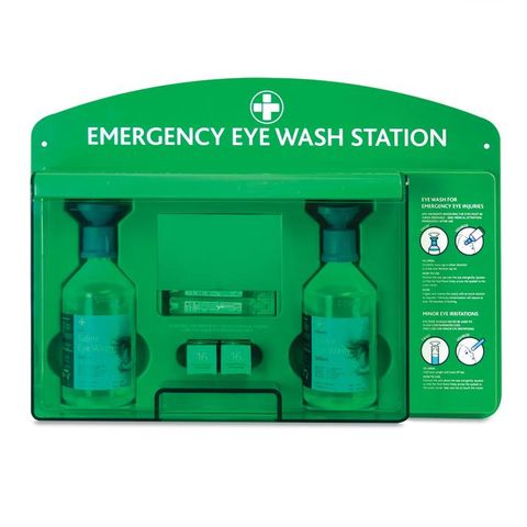 Eyewash Station With Mirror - Includes 2 x 500ml Saline Eyewash Bottles - Plastic Case