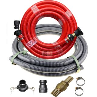 1 x 20m x 50 mm Bush Fire Hose with Brass Nuts, Poly Strainer, Red Adj. Nozzle & 5m H/D Grey Suction Hose