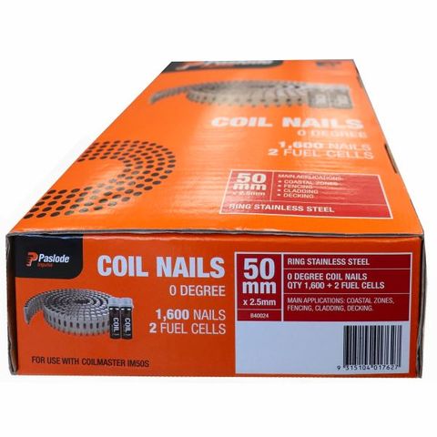 50mm x 2.5mm Paslode Ringshank Stainless Steel Coil Nails / box 1600 Plus 3 fuel cells - B40024