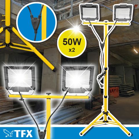 Floodlight 100 Watt (2 x 50W) LED Twin Tripod ( 1.6m) with lead