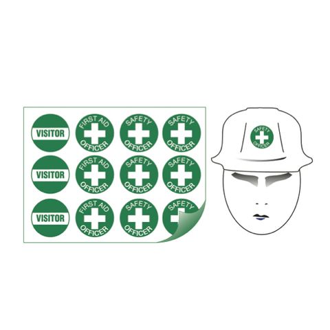 Sheet of 12 (50mm Diametre) Helmet Green Safety Officer Stickers