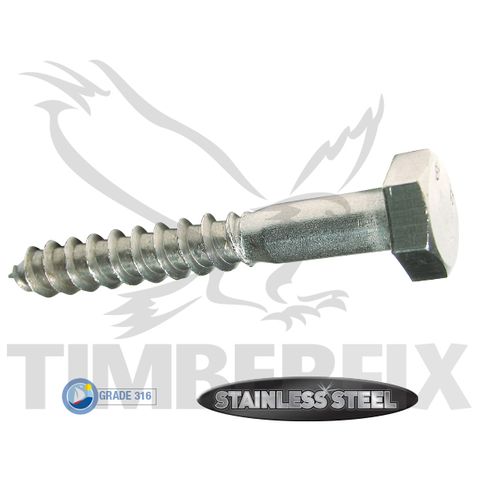 M12 x 150mm  316 Stainless Coach Screw Hex Head