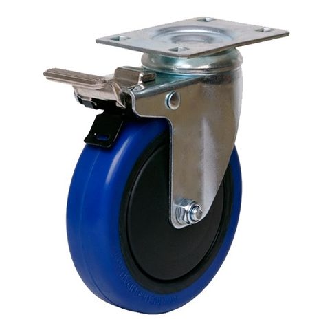RICHMOND 100mm SWIVEL PLATE CASTOR BLUE RUBBER BRAKED WHEEL 100kg
