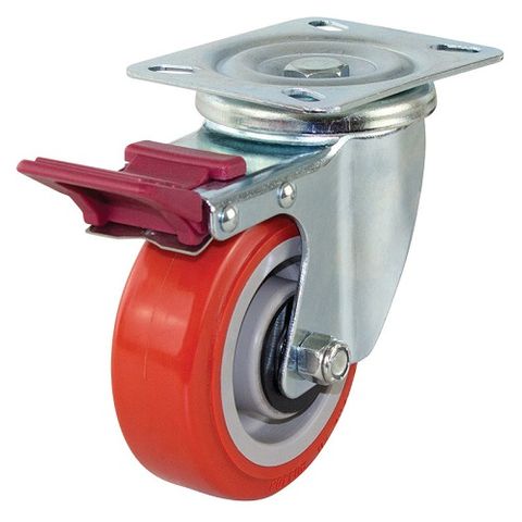 RICHMOND 100mm SWIVEL PLATE CASTOR RED RUBBER BRAKED WHEEL 200kg