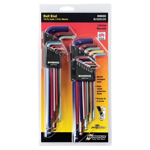 BONDHUS DBLE PACK COLOR GUARD ALLEN KEY SET BALL END MET IMP.
