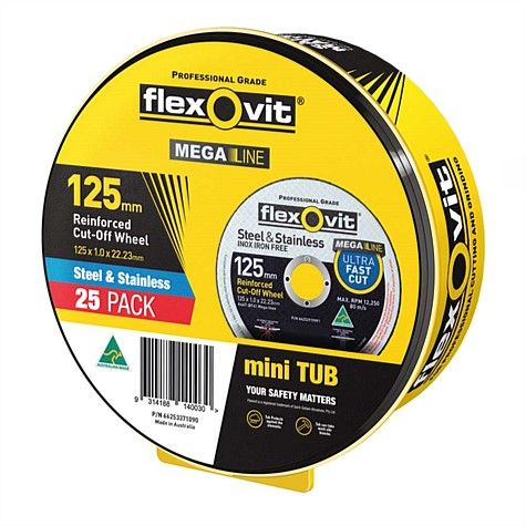 FLEXOVIT 125 x 1mm STEEL & STAINLESS CUT OFF DISC 25pk - MEGA INOX