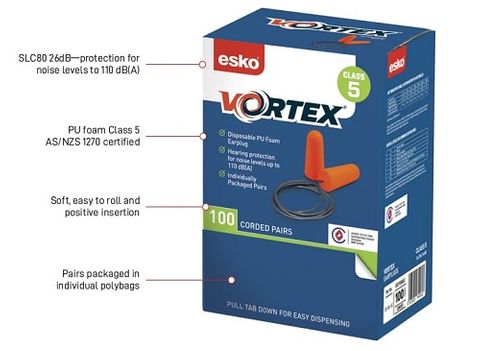 ESKO VORTEX EARPLUGS ORANGE CORDED,BOX 100 PAIRS,CLASS 5