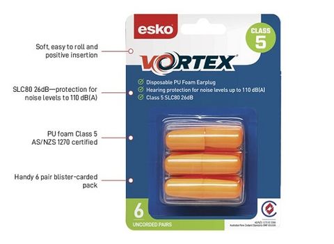 ESKO VORTEX EARPLUGS FOAM UNCORDED, BLISTER PACK OF 6 PAIRS