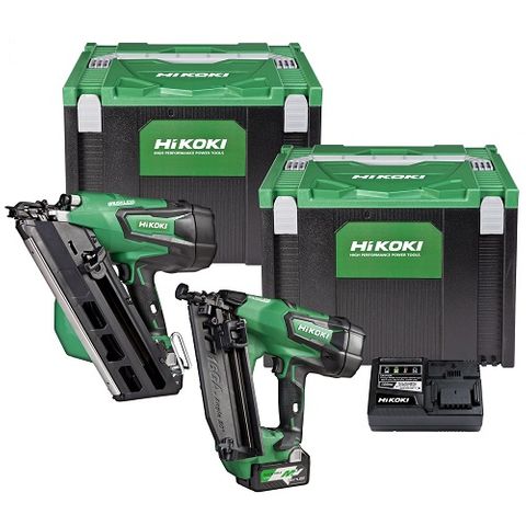 18V Hikoki Gasless 90mm Framing Nailer & 16GA Angle Brad Nailer Kit (2x BSL36A18