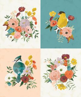 WINGED MEDLEY 36" X 43" BIRDS AND BOUQUETS PANEL