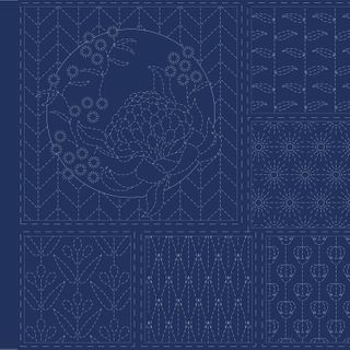 Botanical Sashiko Panel Navy on Linen