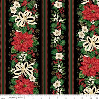 POINSETTIAS AT CHRISTMAS BORDER STRIPE BLACK FOIL
