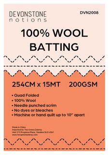 BATTING WOOL 100% 254CM 200GSM 15MT