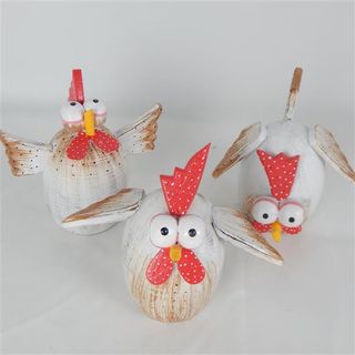 Wooden Kooky Chickens s/3 White/Red 15cm high