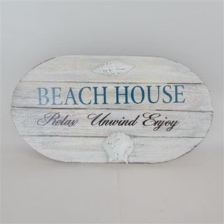 Wooden Oval Sign 'Beach House' Whitewash 38cm x 20cm