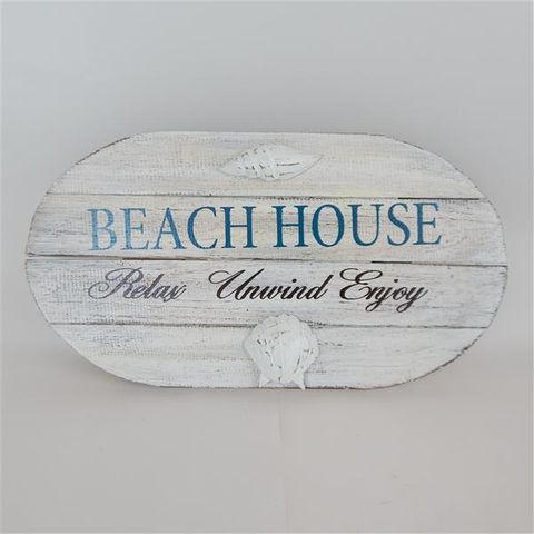 Wooden Oval Sign 'Beach House' Whitewash 38cm x 20cm