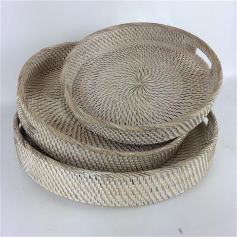 Lombok Round Trays s/3 Whitewash 35cm/40cm/45cm DUE DEC