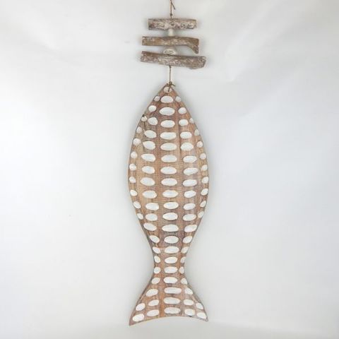 Wooden Spotty Fish Large Whitewash 20cm x 70cm long
