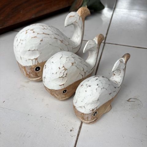 Wooden Whales s/3 Nat/White 8x13 / 9x16 / 12x20cm DUE JUNE
