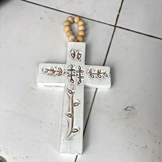 Menya Wooden Cross Whitewash 17cm x 35cm h DUE JUNE