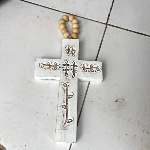 Menya Wooden Cross Whitewash 17cm x 35cm h DUE JUNE