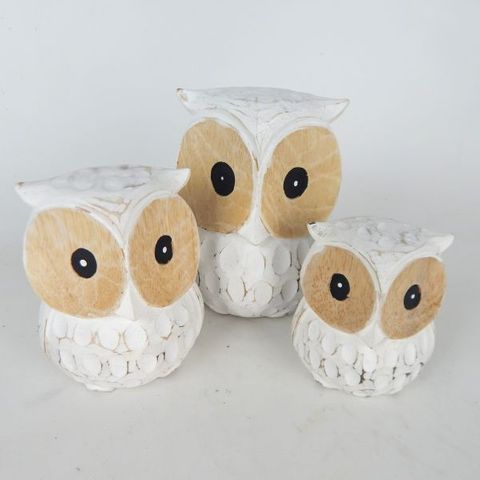 Large Owls s/3 Whitewash 9x10cm / 10x13cm / 11x17cm DUE JUNE
