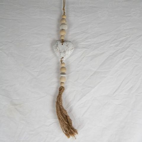 Wooden Tassel Heart Whitewsh 50cm