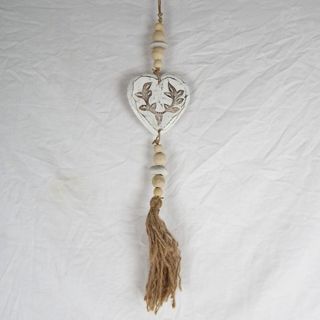 Wooden Tassel  Carved Heart Whitewash 50cm