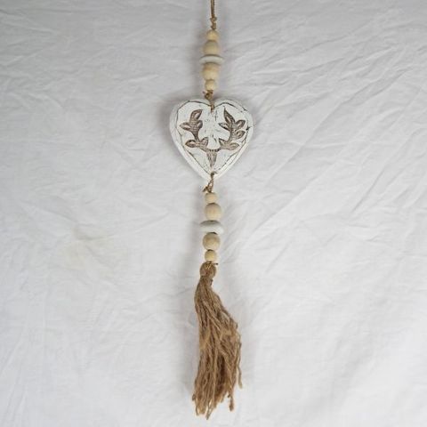 Wooden Tassel  Carved Heart Whitewash 50cm