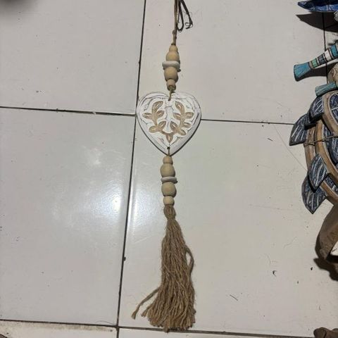 Wooden Tassel  Carved Heart Whitewash 50cm DUE 20TH MAY