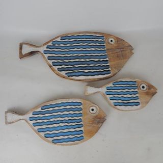Wooden Striped Fish Blue 30x14/40x18/50x22cm high