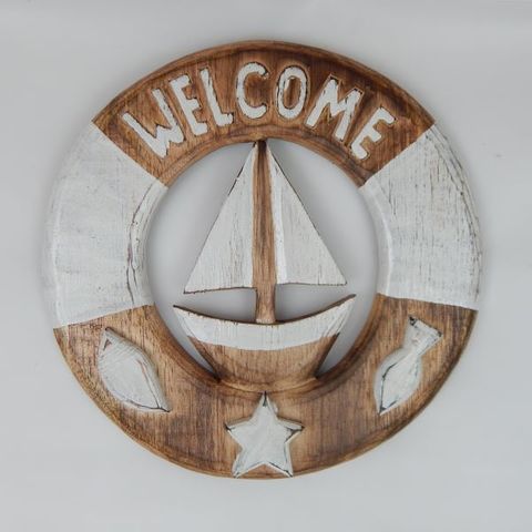 Wooden Ring "Welcome" Nat/White 30cm dia