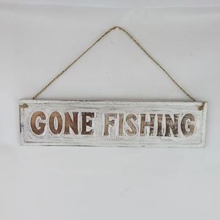 Sign "Gone Fishing" Nat/White 40cm x 10cm high