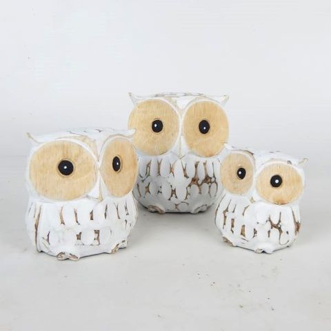 Owls s/3 Whitewash 7cm / 8cm / 10cm high