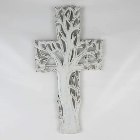 Carved Tree of Life Cross Whitewash 22cm x 40cm h