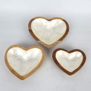 Teak/Shell Heart Dishes s/3 12x10/14x12/16x14cm