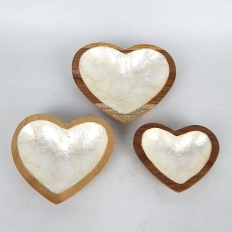 Teak/Shell Heart Dishes s/3 12x10/14x12/16x14cm