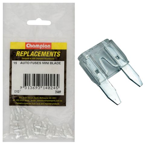 Auto Fuses Mini Blade 25AMP Clear Pk15