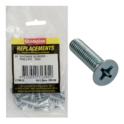 Champion CSK Phil Screw M6x25mm Zinc Pkt