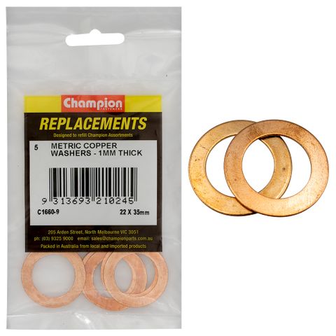 Washers Flat Copper M22x35x1.00mm Pk5