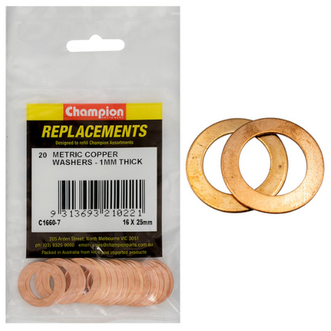 Washers Flat Copper M16x25x1.00mm Pk20