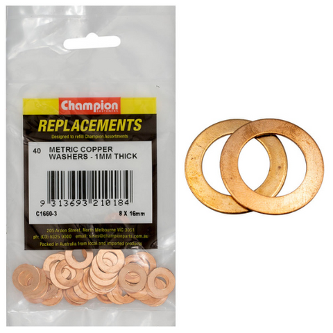 Washers Flat Copper M8x16x1.00mm Pk40